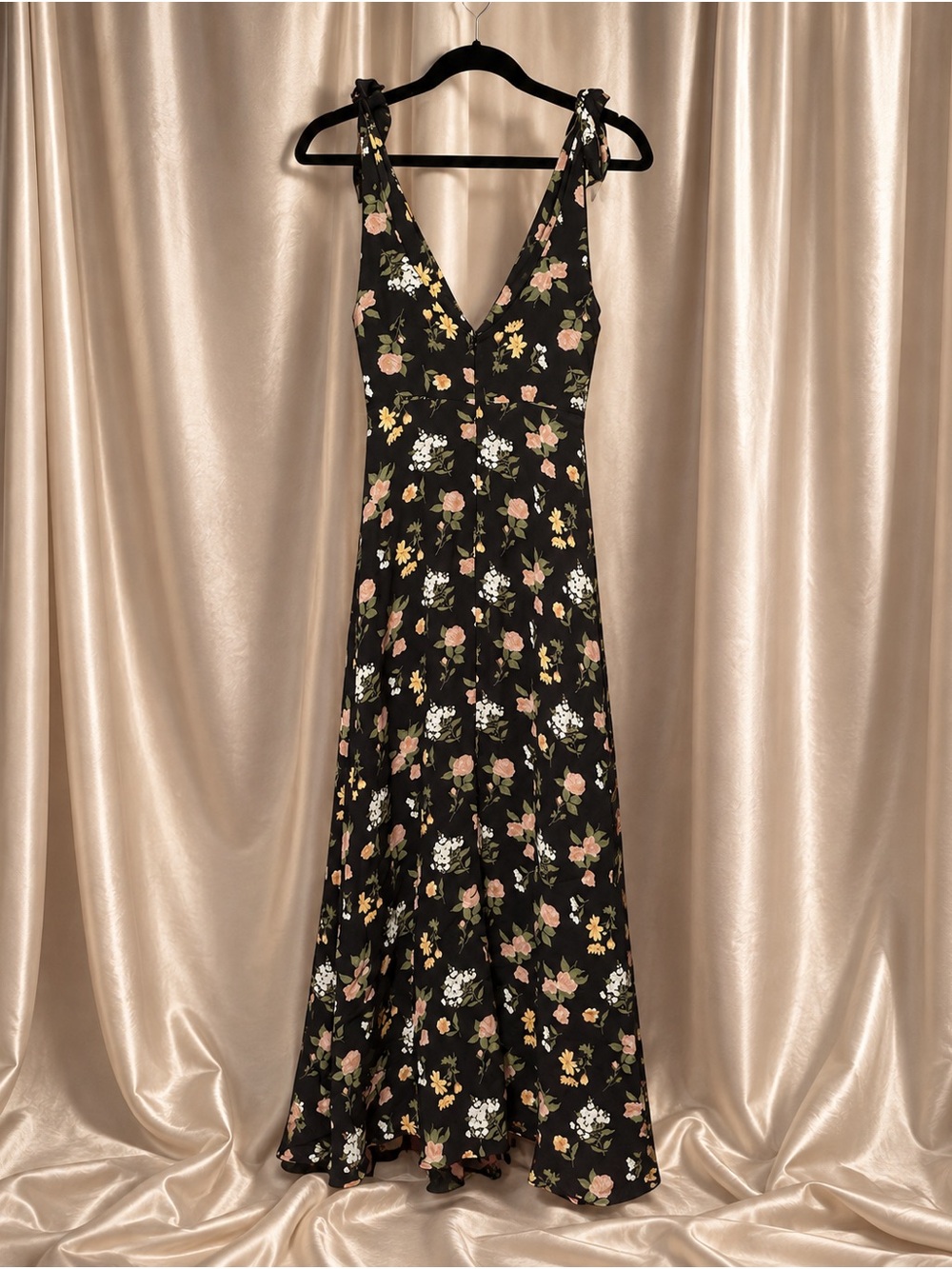 Reformation Black Floral V-Neck Maxi Dress with Pink and White Blooms